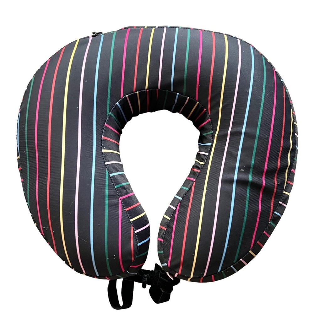 Bando Travel Pillow   Black with Rainbow Stripes  Super comfy  Black Velvet ribb